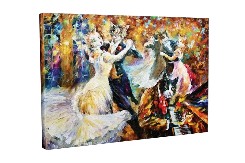 Canvastavla - Dansande katter i eleganta kläder på en festlig bal, Guld / Vit / Svart