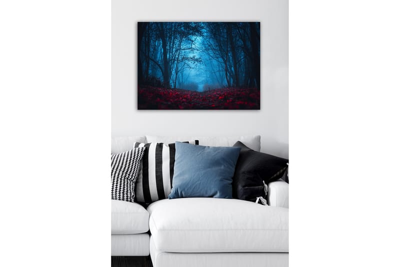 Canvastavla - Dimig skog med rödaktiga löv i en mystisk atmosfär - Mörkblå / Röd - Inredning - Tavlor & konst - Canvastavlor