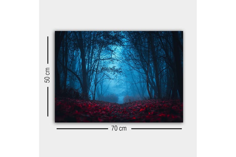 Canvastavla - Dimig skog med rödaktiga löv i en mystisk atmosfär - Mörkblå / Röd - Inredning - Tavlor & konst - Canvastavlor