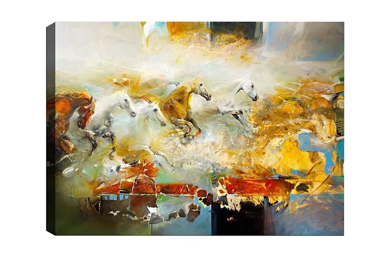 Canvastavla - Dynamisk grupp av galopperande hästar, Guld / Vit / Brun