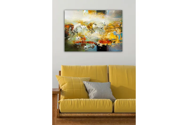 Canvastavla - Dynamisk grupp av galopperande hästar - Guld / Vit / Brun - Inredning - Tavlor & konst - Canvastavlor