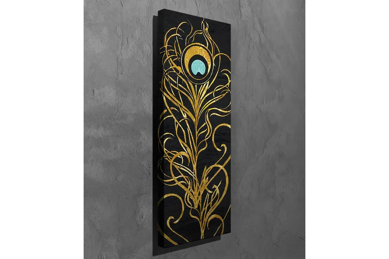 Canvastavla - Elegant fjäderdesign i guld och turkos - Guld / Turkos / Svart - Inredning - Tavlor & konst - Canvastavlor