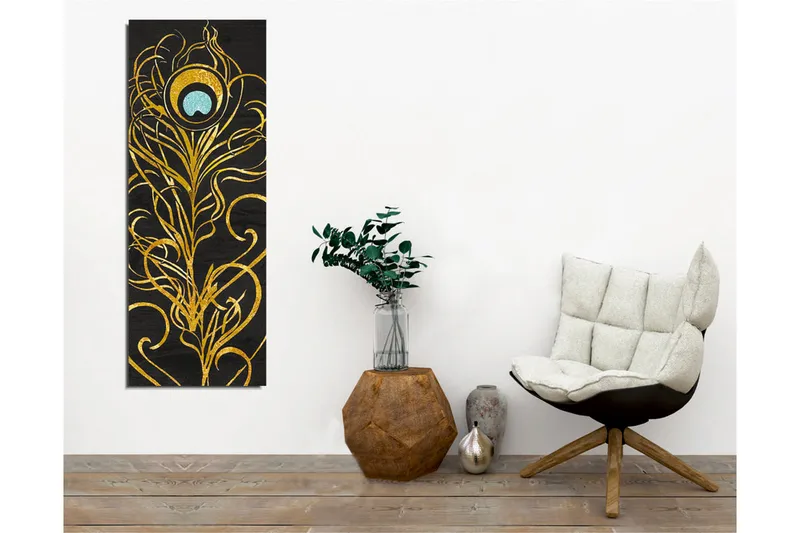 Canvastavla - Elegant fjäderdesign i guld och turkos - Guld / Turkos / Svart - Inredning - Tavlor & konst - Canvastavlor