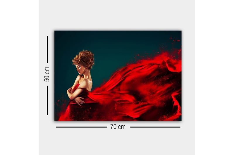 Canvastavla - Elegant kvinna i röd klänning med flödande tyg - Röd / Mörkblå - Inredning - Tavlor & konst - Canvastavlor