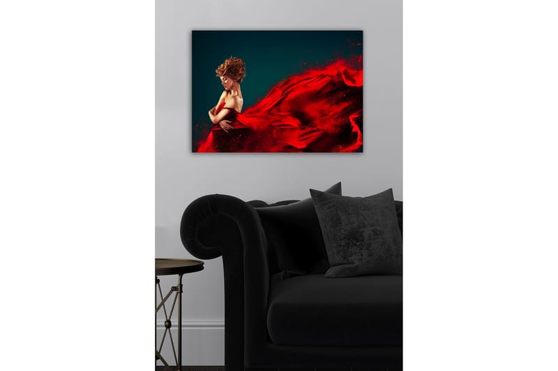Canvastavla - Elegant kvinna i röd klänning med flödande tyg - Röd / Mörkblå - Inredning - Tavlor & konst - Canvastavlor