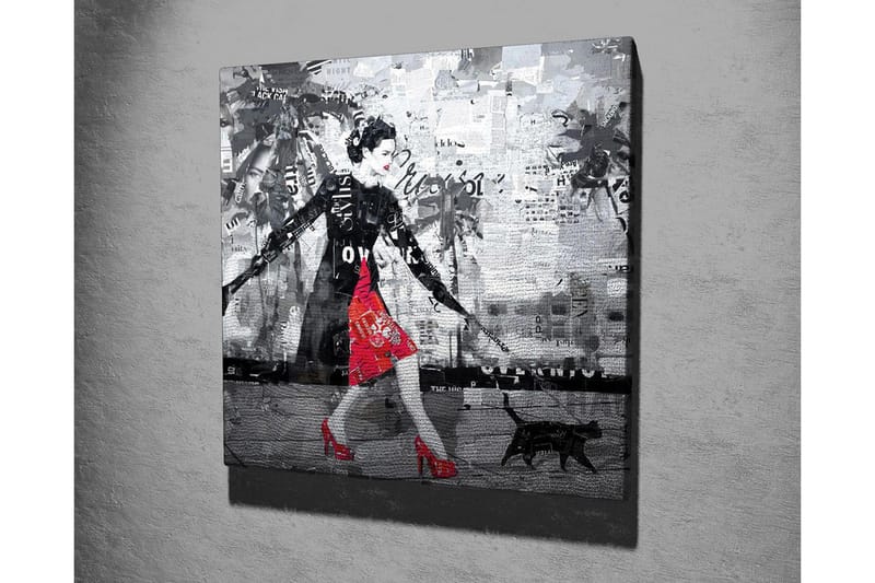 Canvastavla - Elegant kvinna i röd klänning med svart katt i en urban miljö - Röd / Svart / Grå - Inredning - Tavlor & konst - Canvastavlor