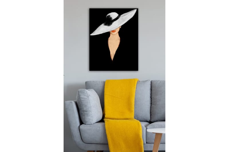 Canvastavla - Elegant kvinna med stor vit hatt och orange läppar - Vit / Svart / Orange - Inredning - Tavlor & konst - Canvastavlor