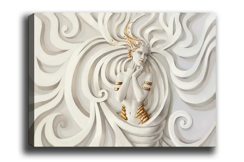 Canvastavla - Elegant kvinna omgiven av svepande, abstrakta former, Vit / Beige / Guld