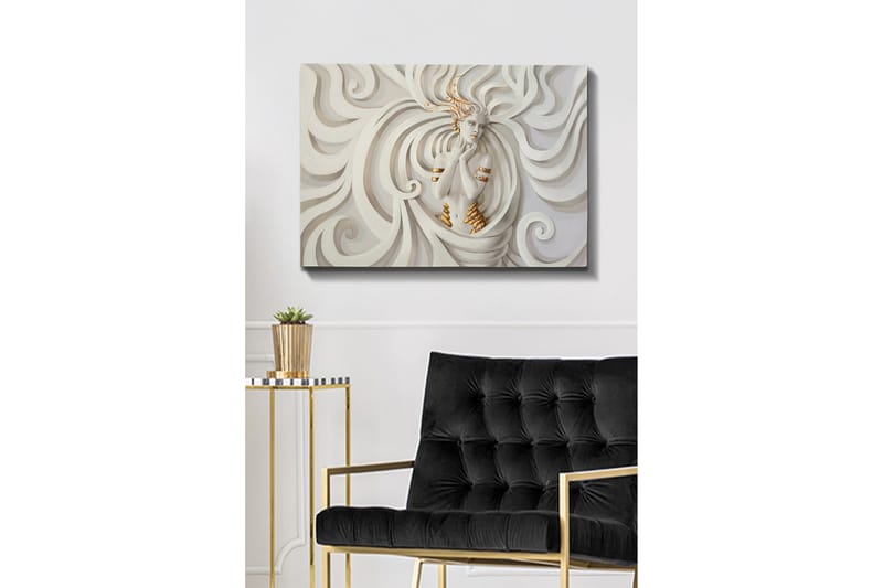 Canvastavla - Elegant kvinna omgiven av svepande, abstrakta former - Vit / Beige / Guld - Inredning - Tavlor & konst - Canvastavlor