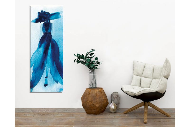 Canvastavla - Elegant silhuett av en kvinna i en stor hatt och klänning - Mörkblå / Ljusblå - Inredning - Tavlor & konst - Canvastavlor