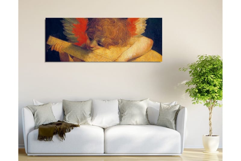 Canvastavla - Engel som spelar på en luta med färgglada fjädrar i bakgrunden - Röd / Orange / Hudton - Inredning - Tavlor & konst - Canvastavlor