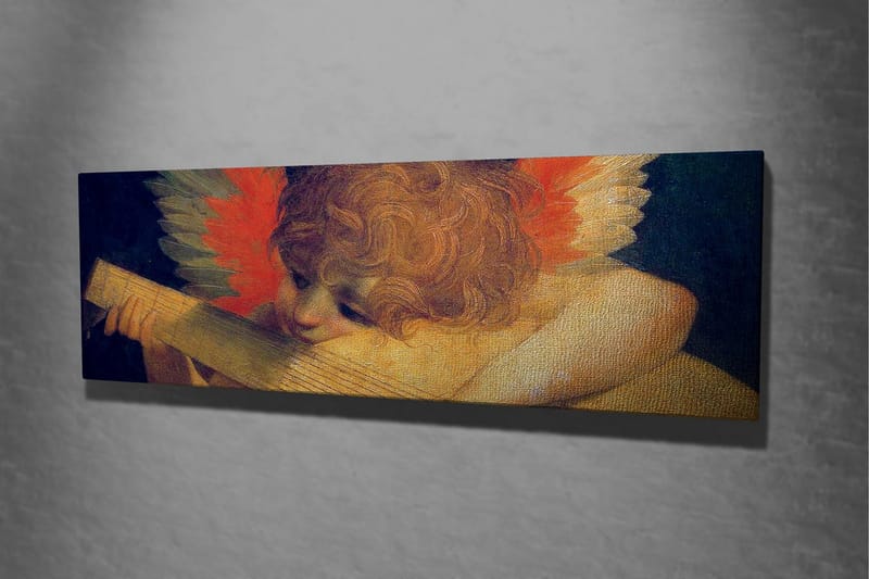 Canvastavla - Engel som spelar på en luta med färgglada fjädrar i bakgrunden - Röd / Orange / Hudton - Inredning - Tavlor & konst - Canvastavlor