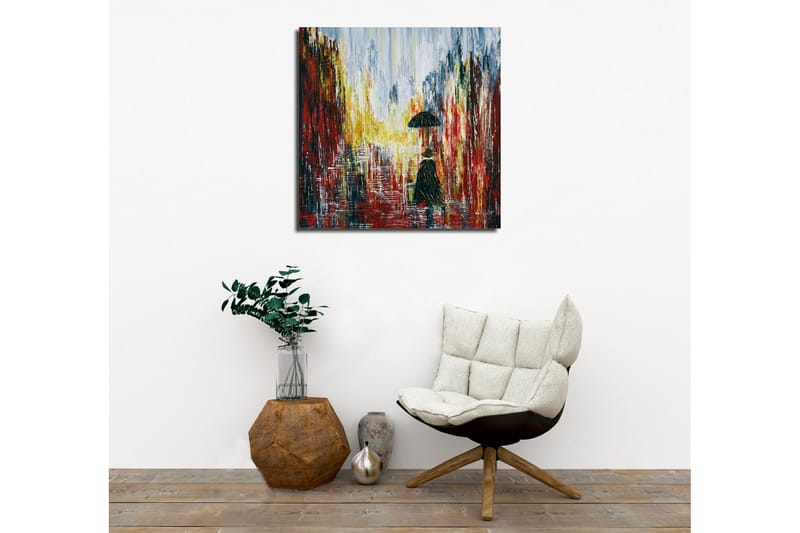 Canvastavla - Ensam figur med paraply i en regnig stadsmiljö - Röd / Svart / Gul - Inredning - Tavlor & konst - Canvastavlor