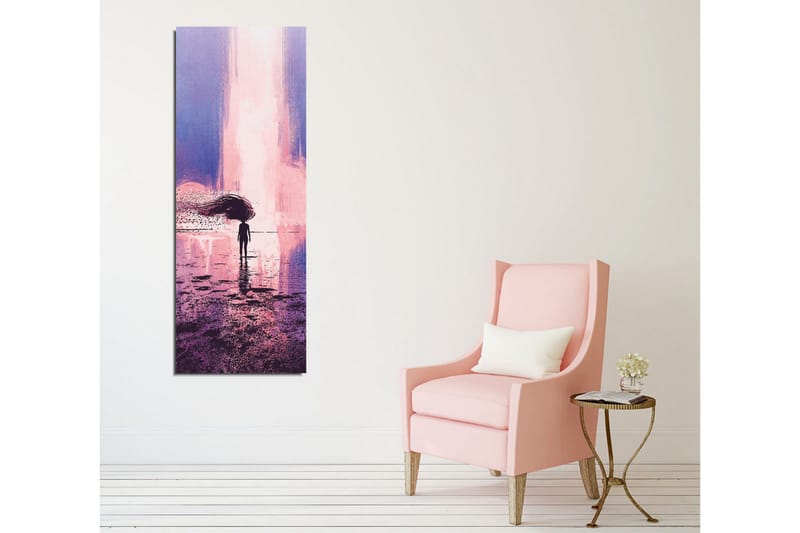 Canvastavla - Ensam figur med paraply i en drömlik landskapsscen - Lila / Rosa / Mörkblå - Inredning - Tavlor & konst - Canvastavlor