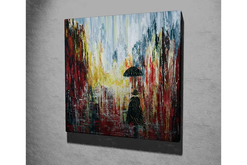 Canvastavla - Ensam figur med paraply i en regnig stadsmiljö - Röd / Svart / Gul - Inredning - Tavlor & konst - Canvastavlor