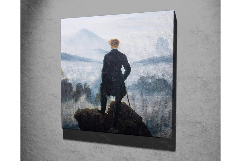 Canvastavla - Ensam man på en klippa som blickar ut över ett dimmigt landskap - Mörkgrön / Grå / Blå - Inredning - Tavlor & konst - Canvastavlor