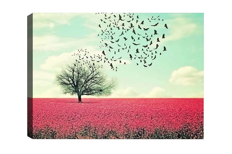 Canvastavla - Ensam tr ädkrona i en blomstrande fält av rosa blommor, Rosa / Himmelsblå / Svart