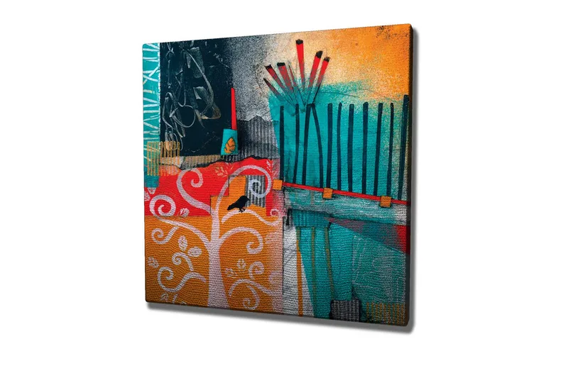 Canvastavla - Färgglad abstrakt komposition med träd och geometriska former, Turkos / Orange / Röd