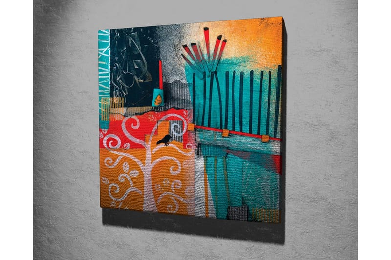 Canvastavla - Färgglad abstrakt komposition med träd och geometriska former - Turkos / Orange / Röd - Inredning - Tavlor & konst - Canvastavlor