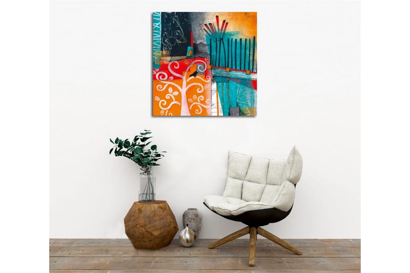 Canvastavla - Färgglad abstrakt komposition med träd och geometriska former - Turkos / Orange / Röd - Inredning - Tavlor & konst - Canvastavlor