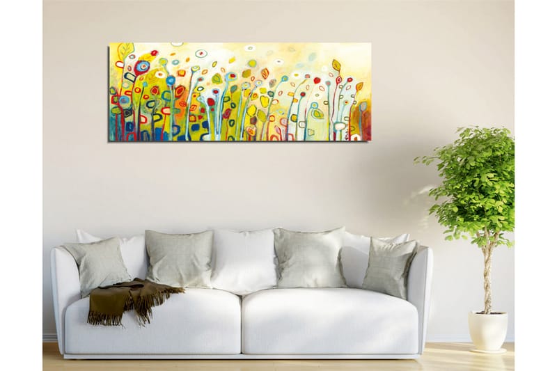 Canvastavla - Färgglad blomsteräng med stiliserade blommor och blad - Grön / Röd / Gul - Inredning - Tavlor & konst - Canvastavlor