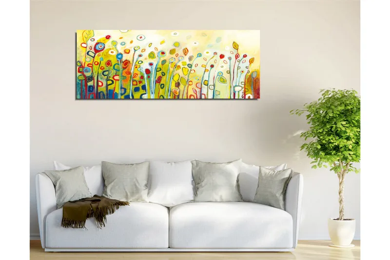 Canvastavla - Färgglad blomsteräng med stiliserade blommor och blad - Grön / Röd / Gul - Inredning - Tavlor & konst - Canvastavlor