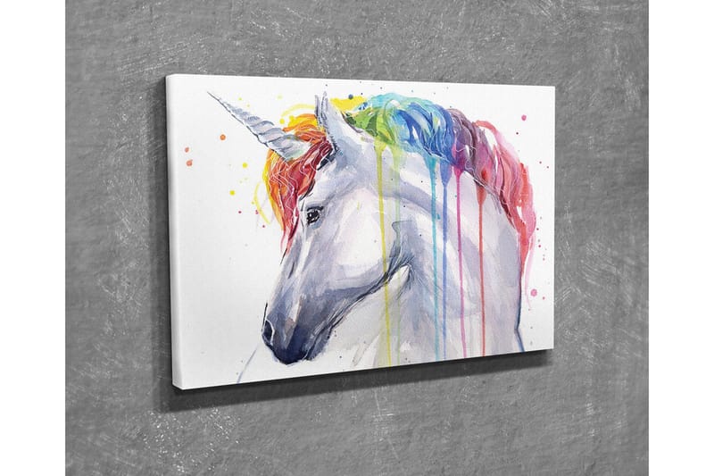 Canvastavla - Färgglad enhörning med regnbågsfärgad man och droppande färg - Vit / Regnbåge (röd / Orange - Inredning - Tavlor & konst - Canvastavlor