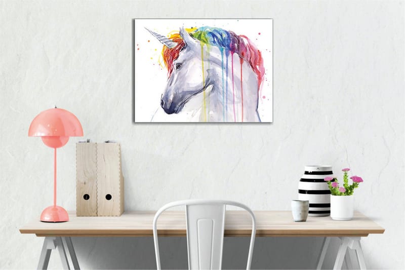 Canvastavla - Färgglad enhörning med regnbågsfärgad man och droppande färg - Vit / Regnbåge (röd / Orange - Inredning - Tavlor & konst - Canvastavlor
