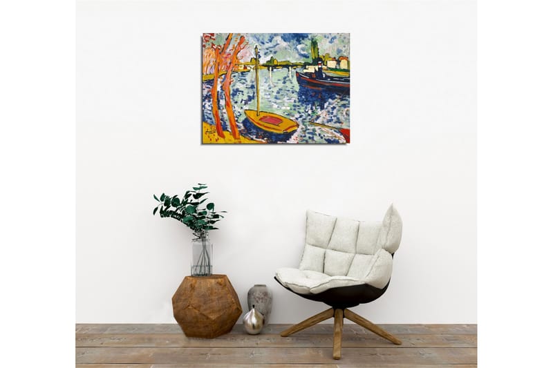 Canvastavla - Färgglad hamn med segelbåtar och träd i förgrunden - Blå / Orange / Grön - Inredning - Tavlor & konst - Canvastavlor