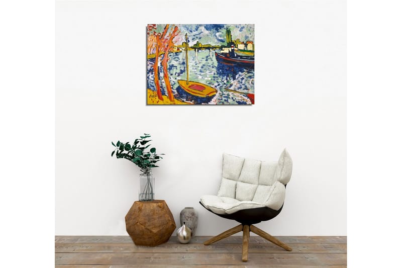 Canvastavla - Färgglad hamn med segelbåtar och träd i förgrunden - Blå / Orange / Grön - Inredning - Tavlor & konst - Canvastavlor