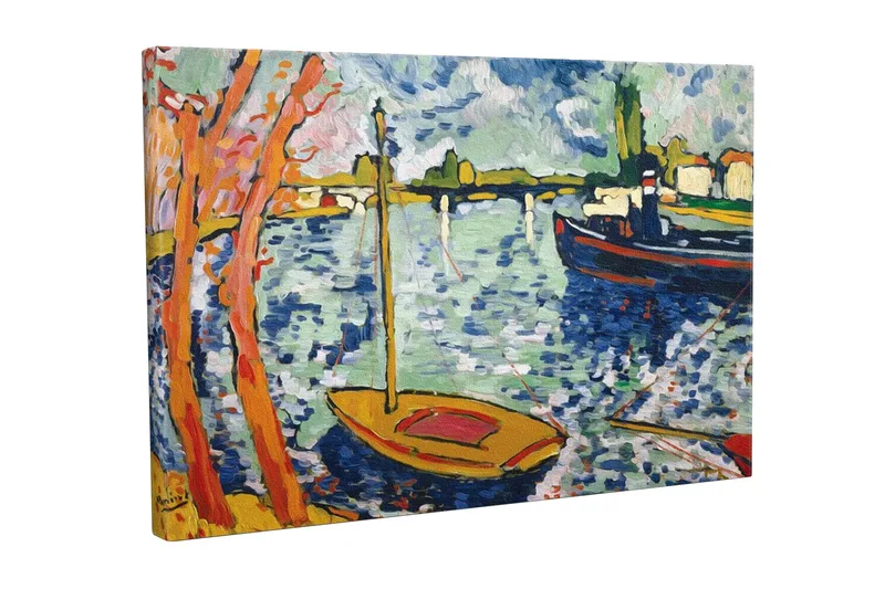 Canvastavla - Färgglad hamn med segelbåtar och träd i förgrunden, Blå / Orange / Grön