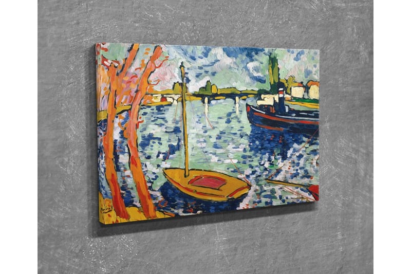 Canvastavla - Färgglad hamn med segelbåtar och träd i förgrunden - Blå / Orange / Grön - Inredning - Tavlor & konst - Canvastavlor