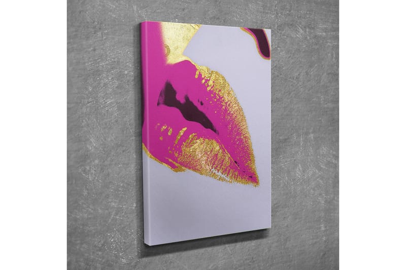 Canvastavla - Färgglad läppavtryck med guldiga detaljer - Rosa / Guld - Inredning - Tavlor & konst - Canvastavlor