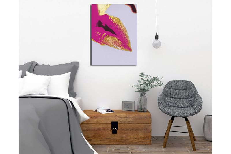 Canvastavla - Färgglad läppavtryck med guldiga detaljer - Rosa / Guld - Inredning - Tavlor & konst - Canvastavlor