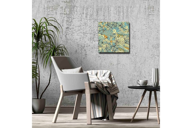 Canvastavla - Färgglad och detaljerad mönsterdesign med blommor och svängda former - Ljusblå / Beige / Orange - Inredning - Tavlor & konst - Canvastavlor