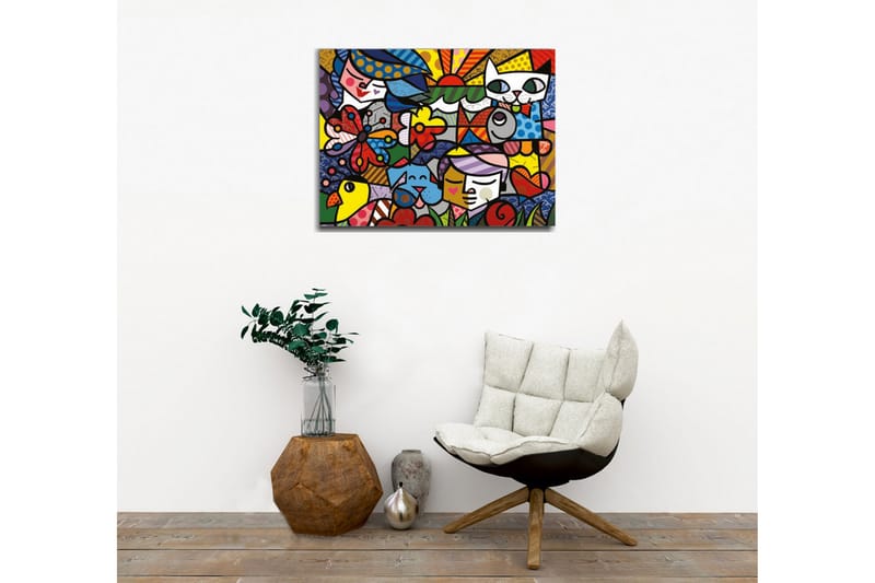 Canvastavla - Färgglad samling av djur och människor i en lekfull komposition - Röd / Blå / Gul - Inredning - Tavlor & konst - Canvastavlor