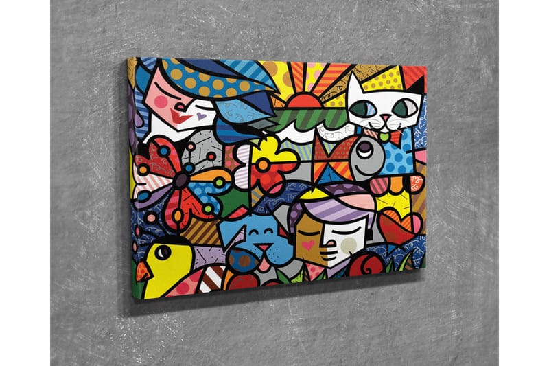 Canvastavla - Färgglad samling av djur och människor i en lekfull komposition - Röd / Blå / Gul - Inredning - Tavlor & konst - Canvastavlor