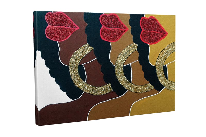Canvastavla - Färgglad sammansättning av ansikten med glittrande läppar och stora örhängen - Mörkbrun / Guld / Röd - Inredning - Tavlor & konst - Canvastavlor