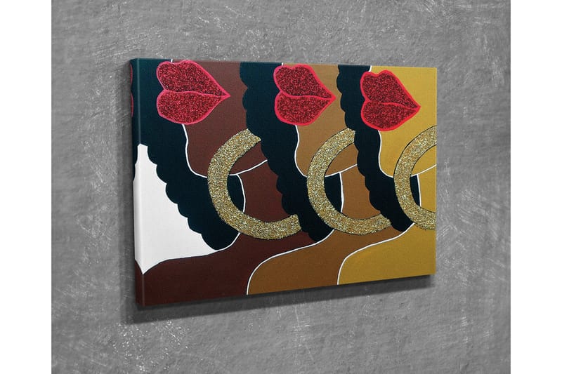Canvastavla - Färgglad sammansättning av ansikten med glittrande läppar och stora örhängen - Mörkbrun / Guld / Röd - Inredning - Tavlor & konst - Canvastavlor