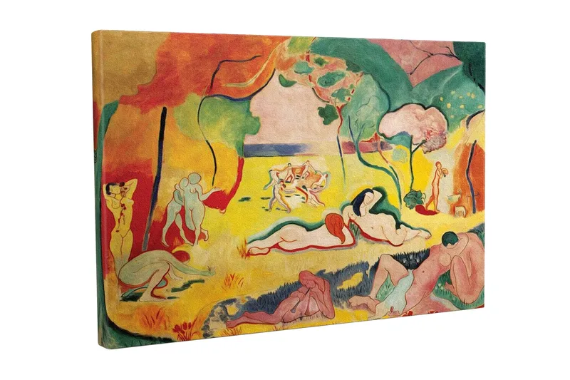 Canvastavla - Färgglad skildring av nakna figurer i en naturscen, Gul / Röd / Grön