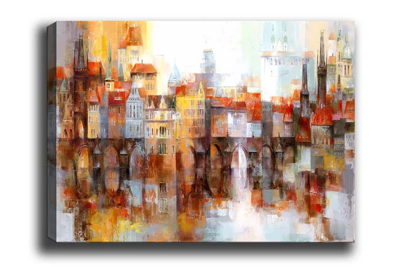 Canvastavla - Färgglad stadsbild med historiska byggnader och broar - Orange / Blå / Beige - Inredning - Tavlor & konst - Canvastavlor