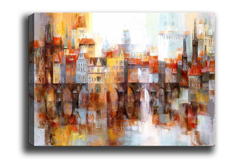 Canvastavla - Färgglad stadsbild med historiska byggnader och broar, Orange / Blå / Beige
