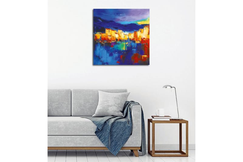 Canvastavla - Färgglad stadsbild vid vattnet med reflektioner - Blå / Orange / Gul - Inredning - Tavlor & konst - Canvastavlor