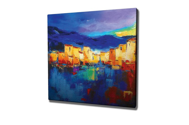 Canvastavla - Färgglad stadsbild vid vattnet med reflektioner - Blå / Orange / Gul - Inredning - Tavlor & konst - Canvastavlor