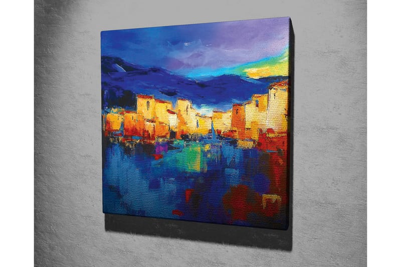 Canvastavla - Färgglad stadsbild vid vattnet med reflektioner - Blå / Orange / Gul - Inredning - Tavlor & konst - Canvastavlor