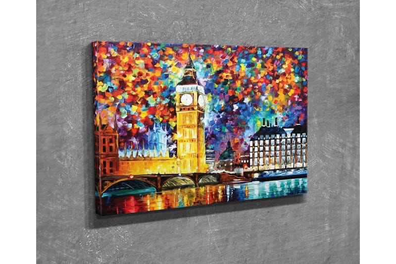 Canvastavla - Färgglad stadssiluett med Big Ben och floden Themsen - Guld / Blå / Röd - Inredning - Tavlor & konst - Canvastavlor