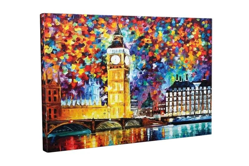 Canvastavla - Färgglad stadssiluett med Big Ben och floden Themsen, Guld / Blå / Röd