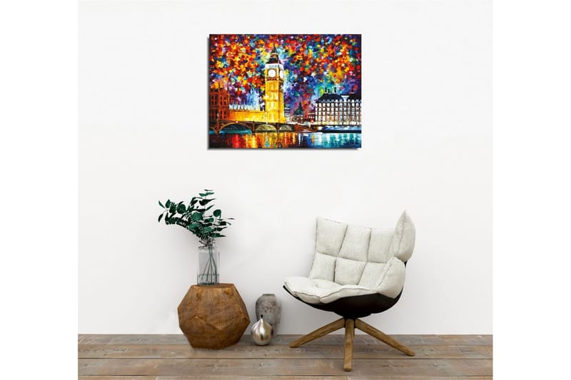 Canvastavla - Färgglad stadssiluett med Big Ben och floden Themsen - Guld / Blå / Röd - Inredning - Tavlor & konst - Canvastavlor