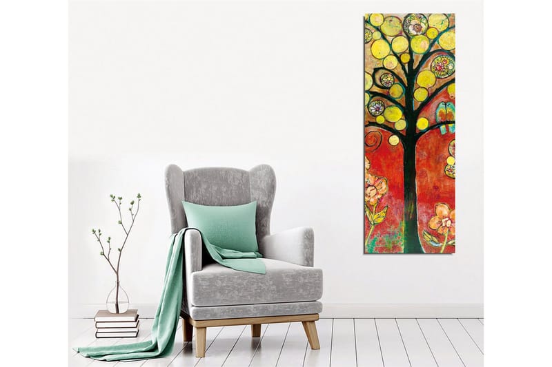 Canvastavla - Färgglad trädkonstellation med fåglar och blommor - Gult / Rött / Grönt - Inredning - Tavlor & konst - Canvastavlor