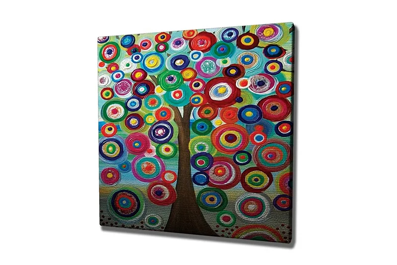 Canvastavla - Färgglad trädkrona med cirkulära former, Grön / Röd / Blå